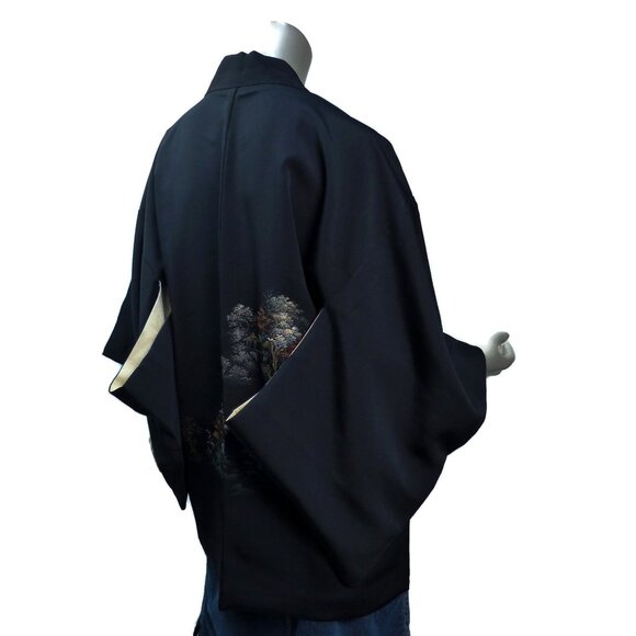 Vintage Black Silk Haori Kimono Jacket Cozy Houses & Trees Metallic Landscape - Picture 7 of 11